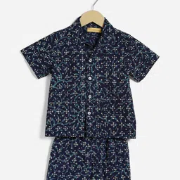 Charkhee Cotton Woven Half Sleeves Leaves Printed Coordinating Shirt & Shorts Winter Night Suit Set - Blue-picture-19