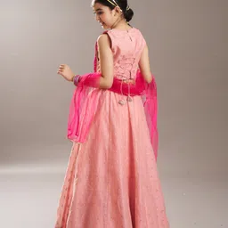 Bitiya By Bhama Silk Woven Sleeveless Floral Embroidered Gota Lace Embellished Lehenga Choli With Dupatta Set - Pink image 3