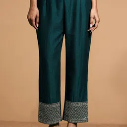 House of Pataudi Embroidered Zari Cotton Silk Straight Kurta & Trousers With Dupatta image 2