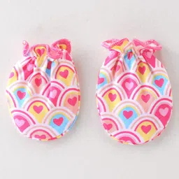 Babyhug 100% Cotton Interlock Knit Mittens & Booties Heart Print - Pink image 3