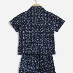 Charkhee Cotton Woven Half Sleeves Leaves Printed Coordinating Shirt & Shorts Winter Night Suit Set - Blue image 4