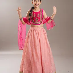 Bitiya By Bhama Silk Woven Sleeveless Floral Embroidered Gota Lace Embellished Lehenga Choli With Dupatta Set - Pink image 5