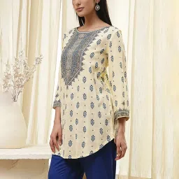 Biba Beige & Blue Rayon Printed Kurta image 3