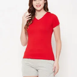 Clovia Red & Grey Cotton T-Shirt with Shorts-image-88