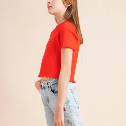 VERO MODA GIRL Fiery Red Solid Round Neck Tshirt image 3