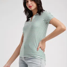 Fablestreet White & Green Cotton Striped T-Shirt image 3
