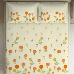 Spaces Phuleri Yellow 144 TC Cotton Queen Flat Bedsheet with 2 Pillow Covers image 3