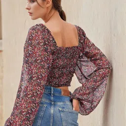 Stylecast X Slyck Floral Printed Square Neck Bishop Sleeves Crop Top image 2