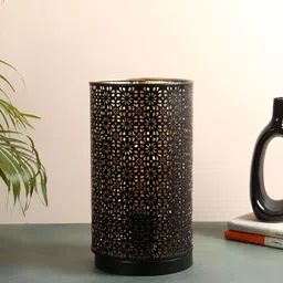 Two Moustaches Black & Gold Toned Textured Metal Cylinder Shaped Table Lamp image 3