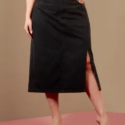Miss Chase A+ Black Denim Solid Skirts-image-71