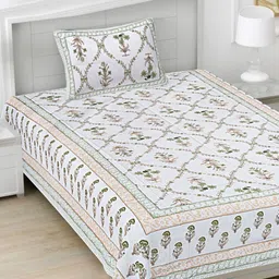 FrionKandy Living White & Green Floral 180 TC Single Bedsheet with 1 Pillow Covers-picture-37