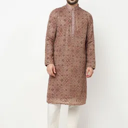 Ethnicity Men Geometric Embroidered Silk Kurta with Pyjamas image 3