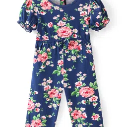 Babyhug Single Jersey Knit  Half Puffed Sleeves Floral Printed Jumpsuit with Bow Applique - Navy Blue-picture-11