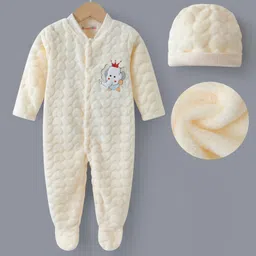 Kookie Kids Full Sleeves Footed Romper With Elephant Patch & Cap - Beige-picture-20