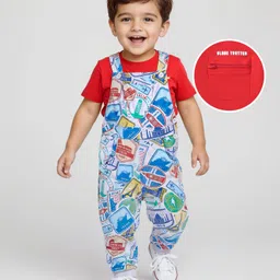 Babyhug Single Jersey Knit Half Sleeves Solid T-Shirt & Stamp Printed Dungaree - Red-picture-10