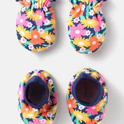 Babyhug 100% Cotton Mittens & Booties Floral Print Pack of 2 - Navy Blue-picture-22