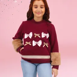 Cutecumber Fleece Full Sleeves Bow Applique Detailed Sweatshirt - Plum image 1