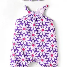 Babyhug 100% Cotton Knit Singlet Sleeves Romper with Headband & Floral Print - Purple-image-74