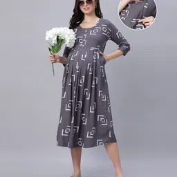 Mamma's Maternity Cotton Three Fourth Sleeves Abstract Printed Maternity Dress With Zipper Access - Grey-picture-34