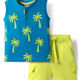 Babyhug Single Jersey Knit Sleeveless Tank T-Shirt & Shorts Set with Coconut Tree Print - Blue & Limegreen-picture-16