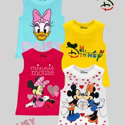 KUCHIPOO Cotton Blend Pack Of 4 Sleeveless Mickey & Friends Featuring Characters Printed Tees - Magenta Yellow White & Blue-picture-16