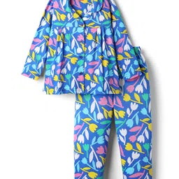 Babyhug Cotton Knit Full Sleeves Floral Printed Front Open Co-Ords Night Suit - Blue-picture-12