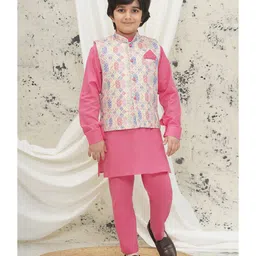 AJ Dezines Cotton Full Sleeves Solid Kurta & Pyjama With Floral Printed Jacket Set - Pink-picture-23
