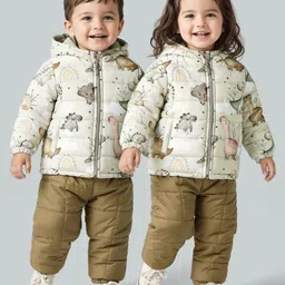 Babyhug Woven Full Sleeves Front Open Hooded Quilted Winter Wear Suit Set with Dino Print - Beige & Olive Green-picture-15