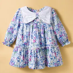 ToffyHouse Cotton Woven Full Sleeves Frock with Floral Print & Bow Applique - Blue-image-53