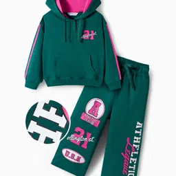 OLLINGTON ST. Cotton Looper Full Sleeves Printed Hooded Sweatshirt & Jogger - Dark Green & Multicolor-picture-27