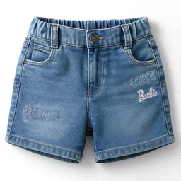 Olio Kids Denim Knit Above Knee Length Shorts With Barbie Text Print - Light Blue-picture-31