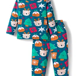 Babyhug Cotton Knit Full Sleeves Co-ords Night Suit With Animal Print - Teal Blue-picture-14