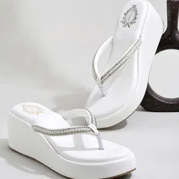 Shoetopia Rhinestones & Pearls Embellished Slip On Sandals - White image 1