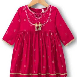Babyhug Woven Three Fourth Sleeves Ethnic Dress With Floral Foil Print - Dark Pink-image-86