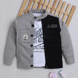 Ministitch Denim Woven Full Sleeves Typography Printed & Colour Blocked Jacket With Tee Set - Grey-image-99