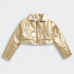 Barbie by Tiny Girl Cotton Woven Full Sleeves Solid Light Winter Jacket - Gold-picture-15