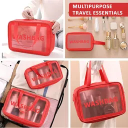 Kuber Industries Red & Transparent 3 Pieces Leather Makeup Kit Bags With Handle image 2