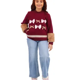 Cutecumber Fleece Full Sleeves Bow Applique Detailed Sweatshirt - Plum image 5