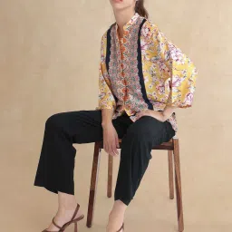 RAREISM Yellow Polyester Printed Three-Quarter Sleeves Top image 3