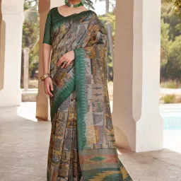 Satrani Multicolored Silk Printed Saree With Unstitched Blouse image 3