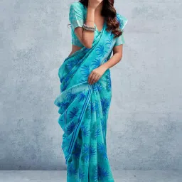 Satrani Turquoise Linen Floral Print Saree With Unstitched Blouse image 3