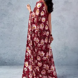 Satrani Maroon Floral Print Saree With Unstitched Blouse image 3