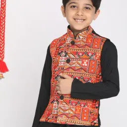 VASTRAMAY Kids Orange & Black Embroidered Nehru Jacket-picture-41