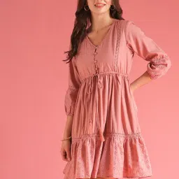 Globus Peach Cotton Self Design A Line Dress-image-31