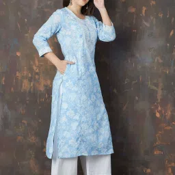 Melange By Lifestyle Blue Cotton Regular Fit Floral Print Kurtas image 3
