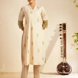 Jaypore White Block Printed Straight Fit Kurta-image-16