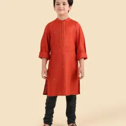 Fabindia Boys Orange Embroidered Viscose Blend Knee Length Kurta-picture-12