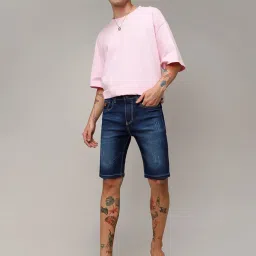 Campus Sutra Blue Regular Fit Distressed Denim Shorts image 3