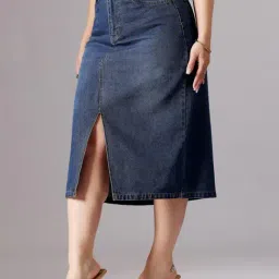 Miss Chase A+ Blue Denim Solid Skirts image 4
