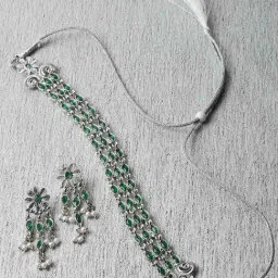 Zeneme Rhodium Plated AD Studded Multistrand Necklace and Earring Jewellery Set-image-31